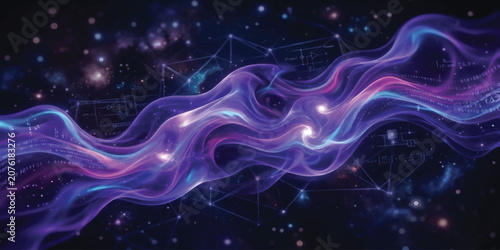 Cuadro en lienzo Abstract blue fractal wave energy background with glowing light curves, motion s