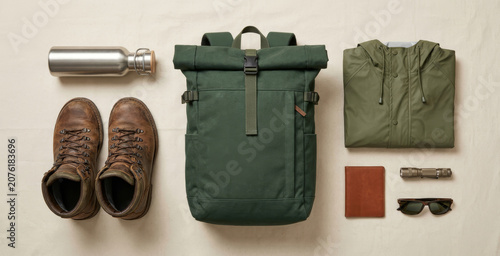 Backpacking flat lay with hiking gear including backpack, boots, jacket and travel essentials for outdoor adventure preparation