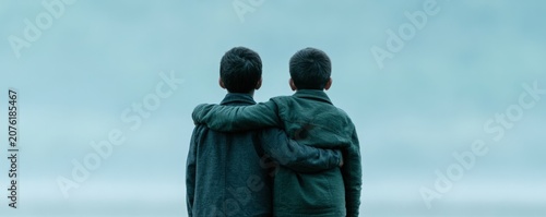 Two young boys standing together with arms around each other looking forward at misty landscape representing bond of childhood friendship and support.