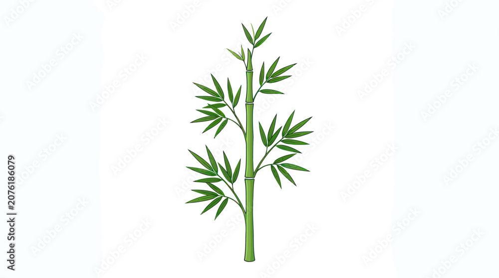Obraz premium A single bamboo stalk with lush green leaves stands tall.