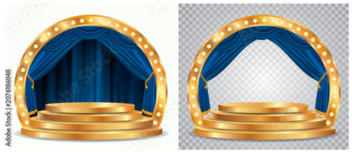vector blue podium on circle stage with blue curtain and four steps 