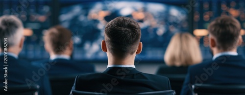 Business team monitoring global data analytics on large digital screens in dark office for strategic operations and corporate intelligence management