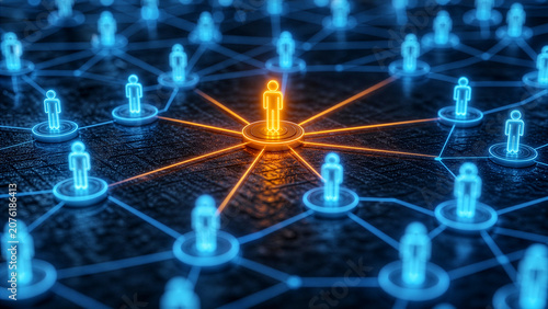 Abstract Digital Human Network with Glowing Orange Leader or Influencer Central Node Connecting Blue People Icons