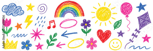 Bild auf Leinwand A collection of various hand-drawn crayon doodles including a rainbow, sun, flowers, stars, heart, and weather elements, isolated on a white background