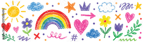 Tableau sur toile Collection of cute hand-drawn elements like rainbow, sun, hearts, flowers, clouds, stars, and abstract shapes, created with wax crayons on white background