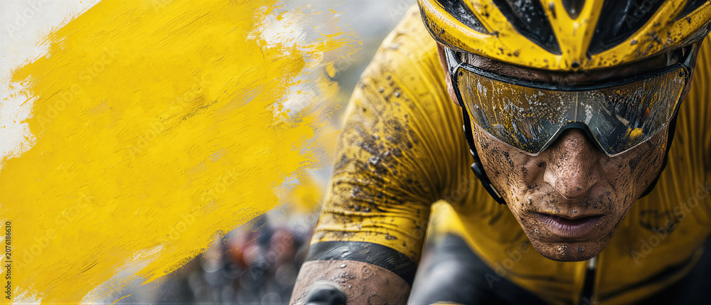 Fototapeta premium Cyclist wearing a yellow jersey and mud-covered glasses during a professional road race. Intense athlete competing in a cycling championship. Banner with copy space
