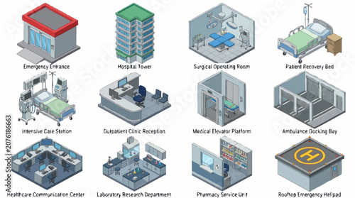 Картината върху платно Isometric Illustration of Various Modern Building Types.
