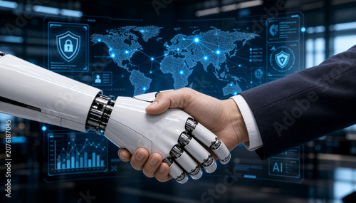 Futuristic AI Robot and Businessman Shaking Hands on Global Cybersecurity and Business Analytics Background