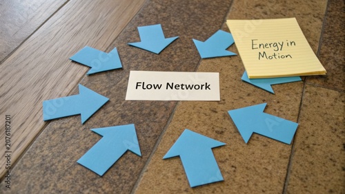 Circular arrangement of blue arrows representing flow network concept with sticky note labeled energy in motion on wooden floor