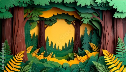 Paper cut forest background with trees and ferns