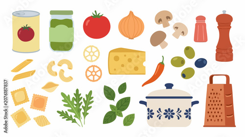 Colorful flat vector illustration of traditional Italian food ingredients set