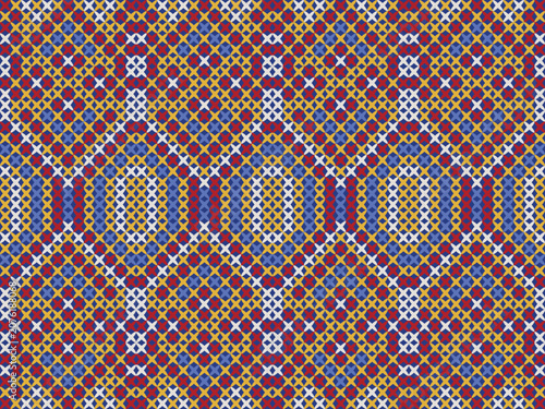 Seamless knit pattern featuring geometric blocks and diamond details in royal blue, red, white, and gold. Great for knitwear, sportswear, blankets, accessories, and modern textile prints.