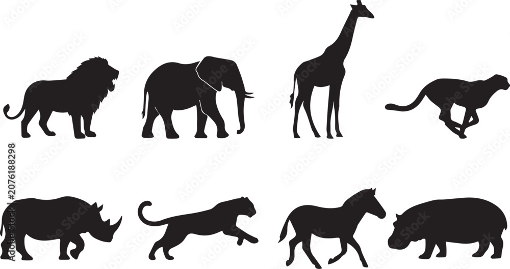 Obraz premium African safari wild animals black silhouettes collection featuring lion elephant giraffe cheetah zebra and hippo