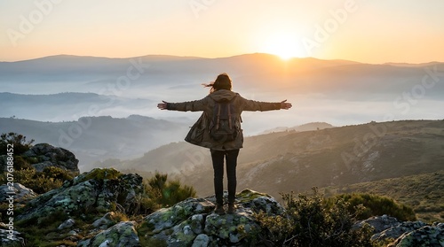 A climber stands with his arms outstretched on a rocky mountain overlooking a cloudy landscape.