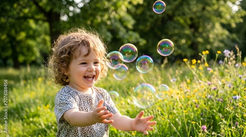 Little Girl Blowing Soap Bubbles in a Sunny Park Enjoying Summer Play and Childhood Joy Outdoors