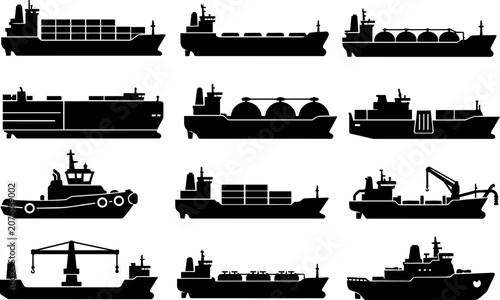 Foto Merchant Fleet and Shipping Company Silhouette Icon Set with Cargo Ships Tankers