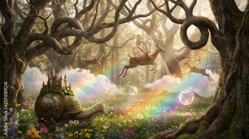 A fantasy forest filled with impossible yet delightful things, with ancient trees that extend flexible branches in spiraling knots, and other strange animals that exude magical silliness.