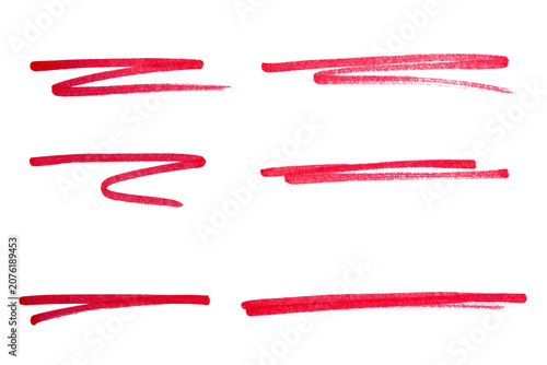 Set of hand drawn red marker line design element, grunge strokes, doodle lines underline scribble PNG