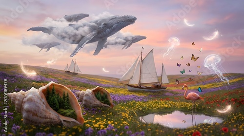 A surreal seaside scene where playful whales casually drift through the clouds while sailing boats glide smoothly across fields of blooming flowers instead of water.