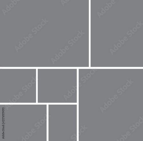 7 Image Photo Collage, 5 Empty geometric photo collage grid rectangle template shape. Modern tiles pattern mosaic for portfolio presentation. Background and photo album for wall mood board.