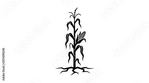 Black and white illustration of a corn plant with roots and cob on white background