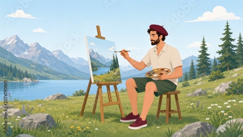 Male Painter Creating Landscape Art Beside Mountain Lake