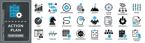 Action plan icon set. Set of objective, assigned and act icon - Stock Vector 