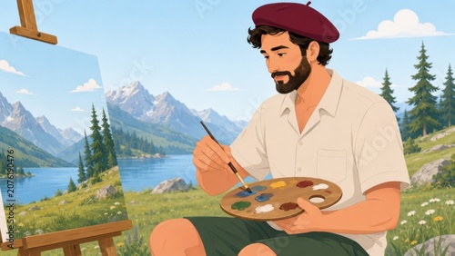 Close Up Male Artist Mixing Paint on Palette Outdoors