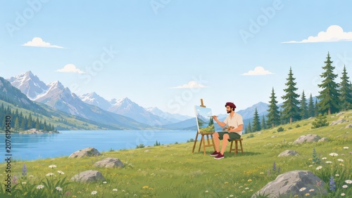 Wide Alpine Meadow Landscape with Male Artist Painting