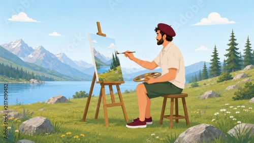 Male Artist Painting Alpine Lake Landscape Outdoors