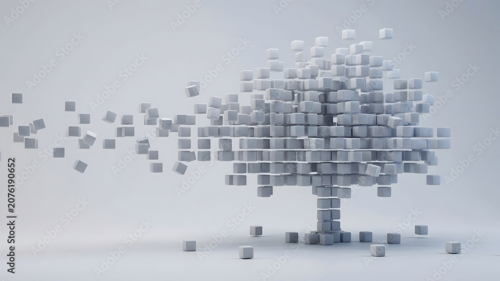 Obraz premium White cubes floating together into a suspended tree – Great for weightless innovation, unlimited potential, or creative freedom.