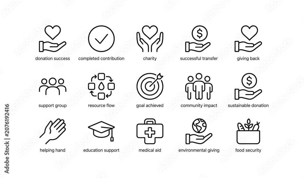 Fototapeta premium Charity and donation icons arranged in grid on white background