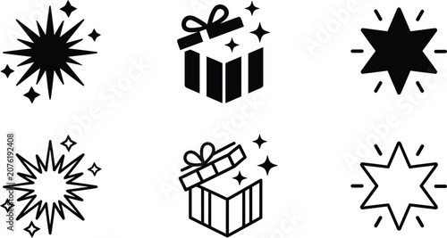 Photos gift box and sparkle star icon set with bold black hand drawn doodle symbols