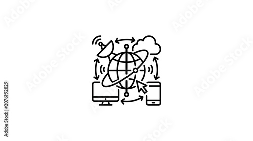 A black and white line art icon representing global digital connectivity and network communication.