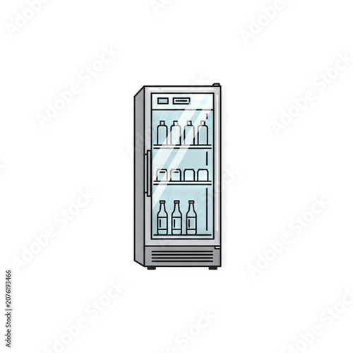 Vector illustration of a commercial glass door refrigerator with bottles inside, isolated on white background