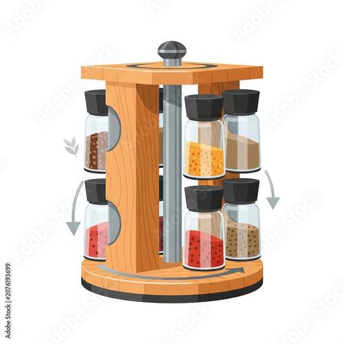 Wooden spice rack with glass jars containing various spices and herbs, rotating carousel organizer for kitchen countertop, vector illustration isolated on white background
