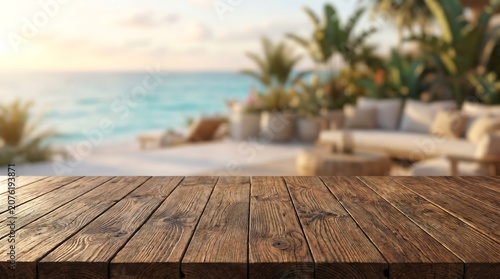 Empty rustic wooden table top with blurred tropical beach resort at sunset for summer product display advertisement.
