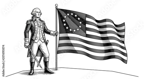 Quadro su tela George Washington holding Betsy Ross flag.