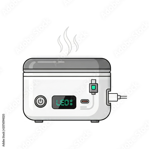 Modern portable electric lunch box with digital display and usb charging port, kitchen appliance for heating food, vector illustration isolated on white background