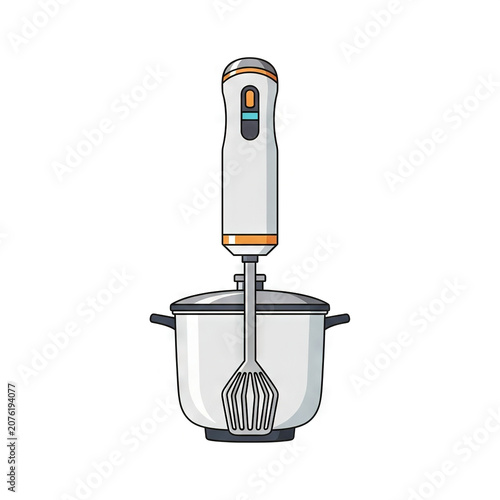 Immersion blender with a whisk attachment inserted into a cooking pot, kitchen appliance for blending and mixing food, vector illustration isolated on white background