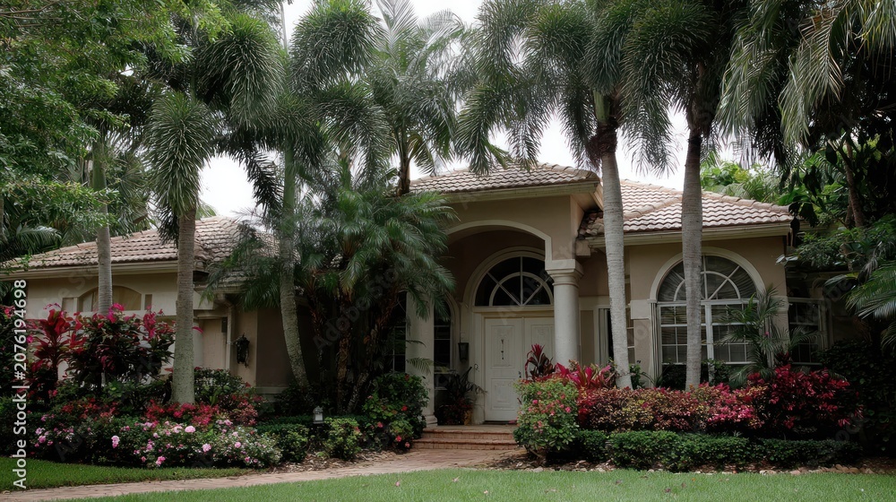 Obraz premium Luxurious Tropical Home with Lush Greenery and Palm Trees.