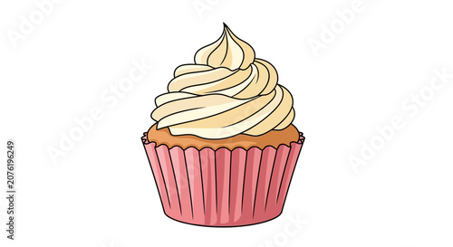 Vector illustration of a single cupcake featuring a high swirl of vanilla whipped cream frosting in a pink pleated paper liner, isolated on a plain white background.