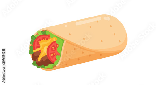 Vector illustration of a Mexican burrito wrap featuring flour tortilla, sliced red tomatoes, shredded cheese, green lettuce, and seasoned ground meat, isolated on white background for food design.