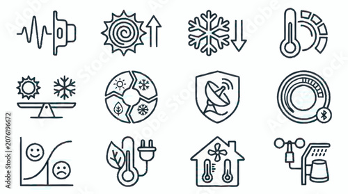 Bild auf Leinwand Collection of weather and technology icons in line art style.