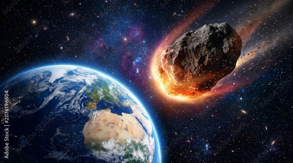Obraz premium Asteroid impact on Earth, apocalyptic space scene with fiery meteor approaching planet in starry sky