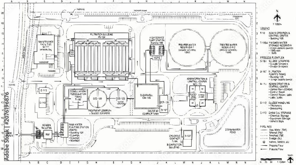 Fototapeta premium The architectural blueprint showcases a detailed industrial facility layout with various structures and infrastructure.
