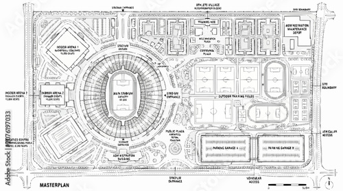 A detailed architectural illustration of a large stadium and its surrounding facilities.