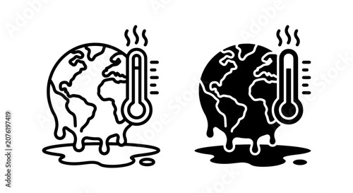Melting Earth Climate Change Icons, Global Warming Thermometer Vector Set, Environmental Crisis Concept Art