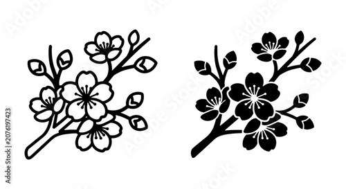 Cherry Blossom Branch Vector Icons, Delicate Floral Elements, Spring Bloom Graphics, Black and White Outline and Silhouette