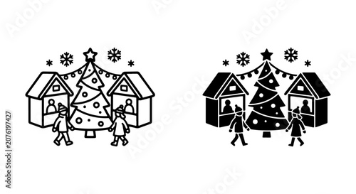 Christmas Market Vector Icons: Festive Holiday Scene with Stalls, Tree, Snowflakes, and People. Winter Celebration Graphics.